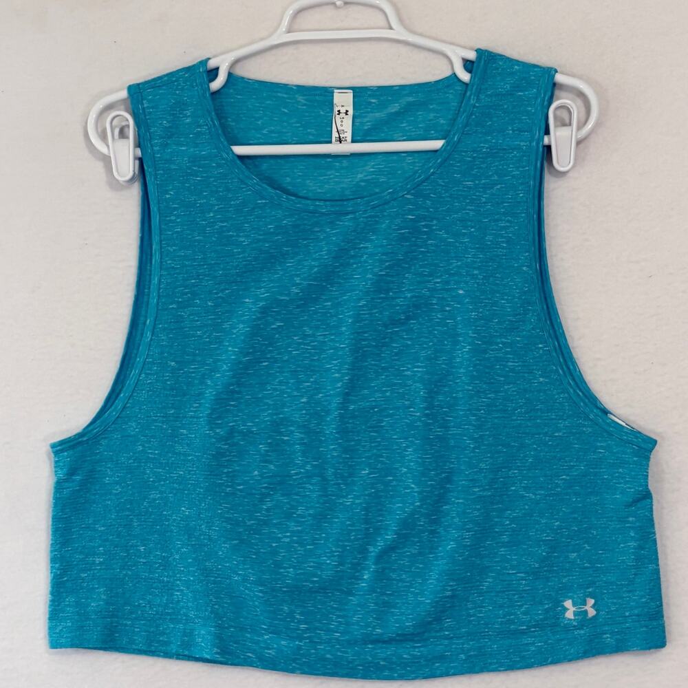 Under Armour Crop Top Womens Large Blue Tank Activewear Scoop Neck Heat Gear